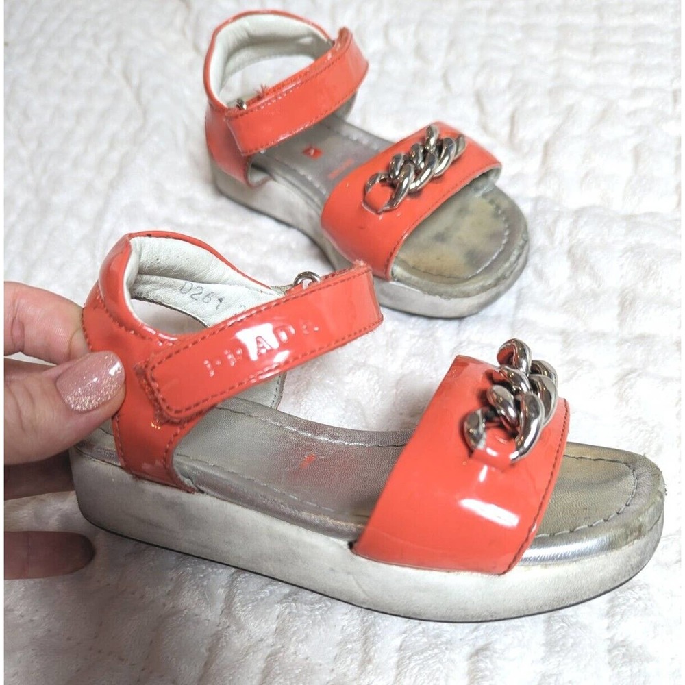 Prada Girls Orange Strappy Sandals Silver Metal Chain Designer 0261 Shoes 26